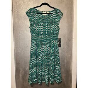Anthropologie Maeve Evaline Green Boho Tan Diamond Smocked Cap Sleeve Dress